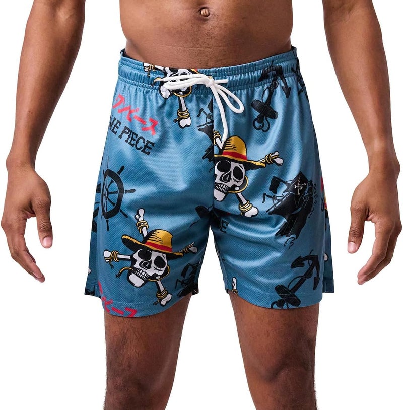 Bio World One Piece Live Action Straw Hat Pirate Icons All-Over Print Men's Dark Blue Active Mesh Shorts - Image 1